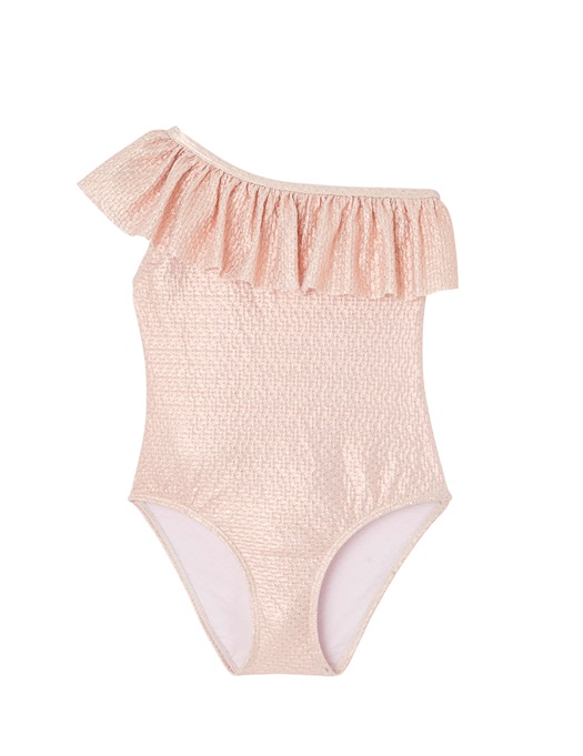 One Shoulder Swimsuit Pink Gold Frills