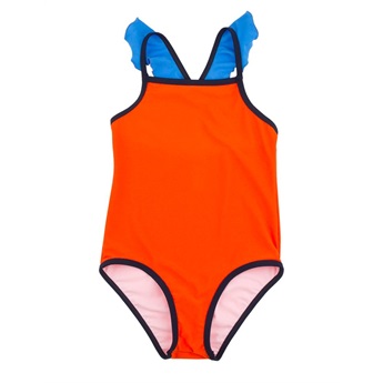 Color Block Frills Swimsuit Carmine/Light Cerulean Blue