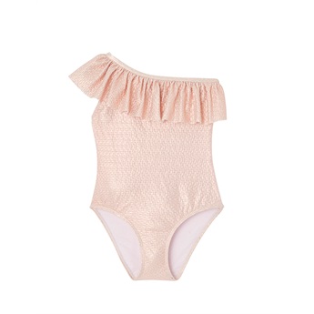 One Shoulder Swimsuit Pink Gold Frills