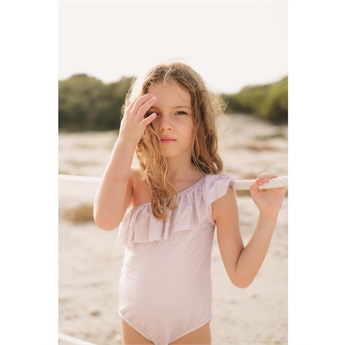 One Shoulder Swimsuit Pink Gold Frills