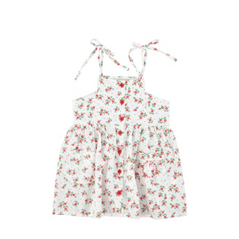 Sleeveless Short Dress - Ecru/Red Flowers