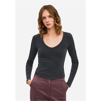 Women V-Neck Rib Longsleeve - Vintage Black