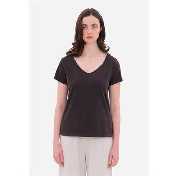 Women V-Neck Piping T-Shirt - Vintage Black